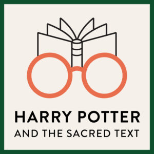 Logo for Harry Potter and the Sacred Text: Glasses, outline of a book, and the podcast name